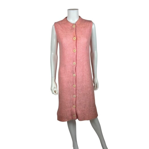 Vintage 60s Sweater Dress Womens Medium Pink Mohair Button Down Sleeveless Shift - Picture 2 of 10